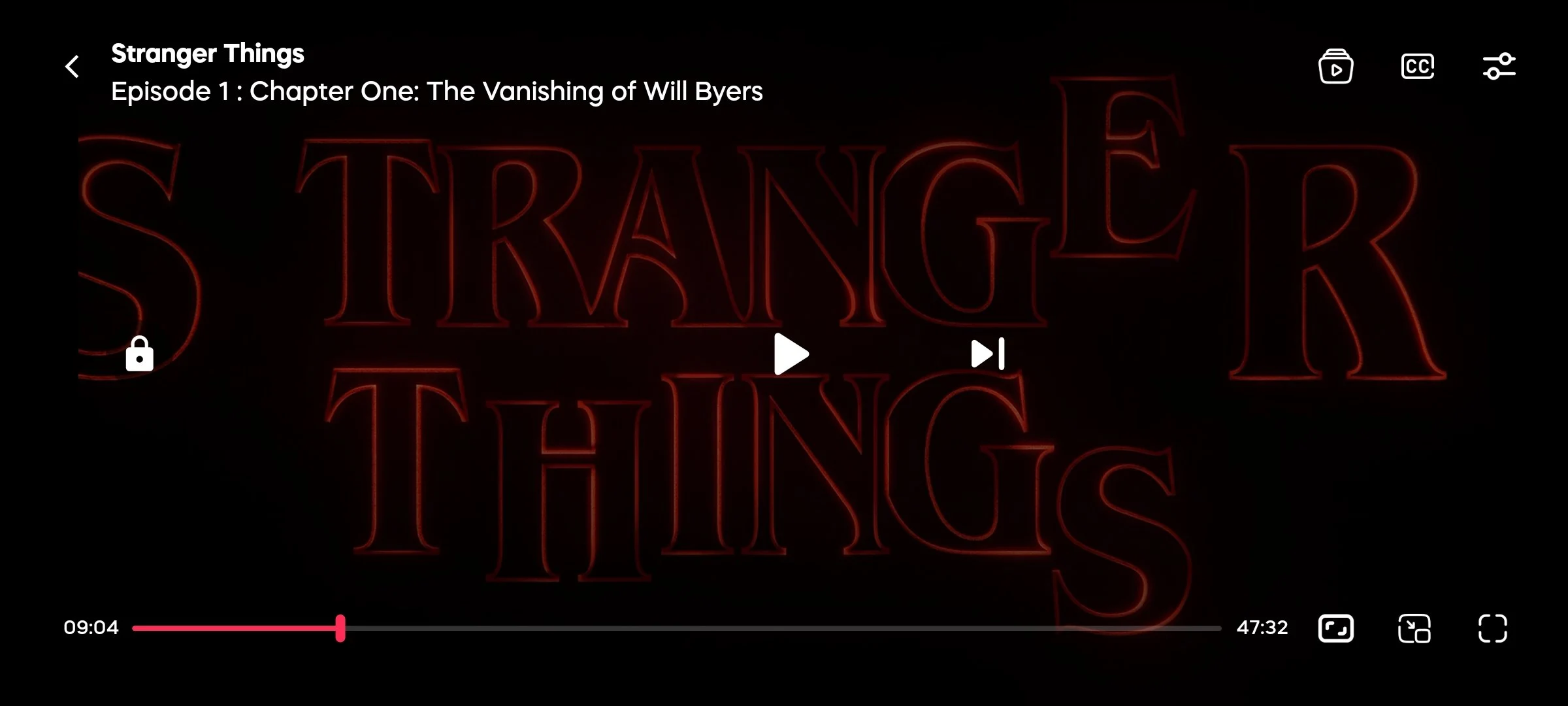 AniVortex landscape video player showing Stranger Things streaming in full-screen HD with playback controls
